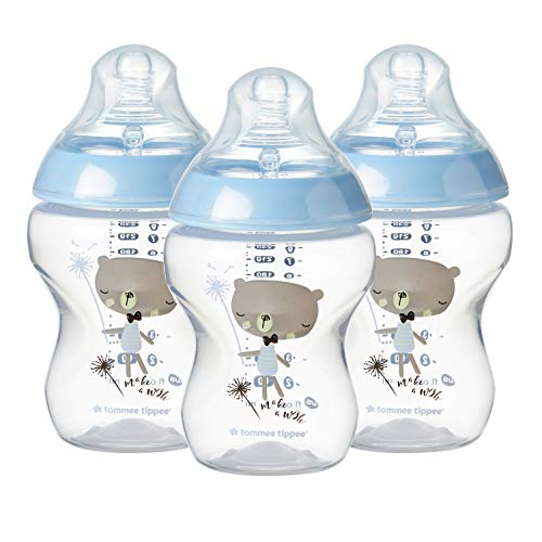 Product Cover Tommee Tippee Closer to Nature Baby Bottle Decorated Blue, Anti-Colic Valve, Breast-like Nipple for Natural Latch, Slow Flow, BPA-Free - 0+ months, 9 Ounce, 3 Count (Design May Vary)