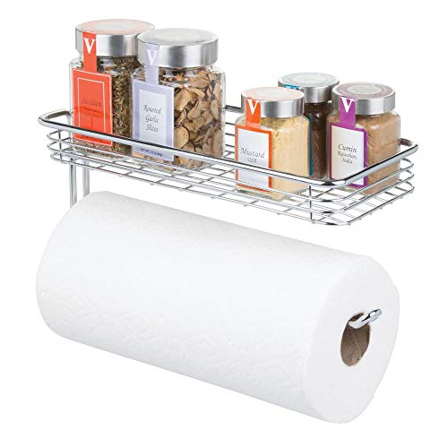 Product Cover mDesign Paper Towel Holder with Spice Rack and Multi-Purpose Shelf - Wall Mount Storage Organizer for Kitchen, Pantry, Laundry, Garage - Durable Metal Wire Design - Chrome