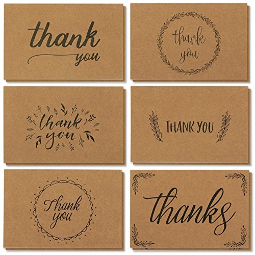 Product Cover 36 Thank You Cards Brown Kraft Envelopes, Kraft Paper Bulk Blank Notes Set, Handwritten Style for Wedding, Business, Baby Shower, 4 x 6 Inches
