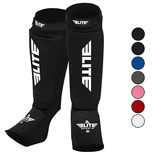 Product Cover Elite Sports Muay Thai MMA Kickboxing shin Guards, Instep Guard Sparring Protective Leg shin Kick Pads for Kids and Adults (L-XL)