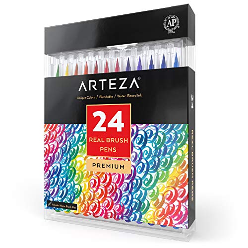 Product Cover Arteza Real Brush Pens, 24 Colors for Watercolor Painting with Flexible Nylon Brush Tips, Paint Markers for Coloring, Calligraphy and Drawing with Water Brush for Artists and Beginner Painters