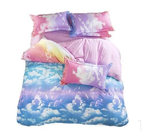 Product Cover LemonTree 3D Soft Rainbow Bedding Set- Sky Clouds Bedding Duvet Cover-Rainbow Cloud Patterns,Hypoallergenic,Microfiber -4Pcs-1 Duvet Cover + 1 Flat Sheet + 2 Pillowcases JUST Cover NOT Comforter