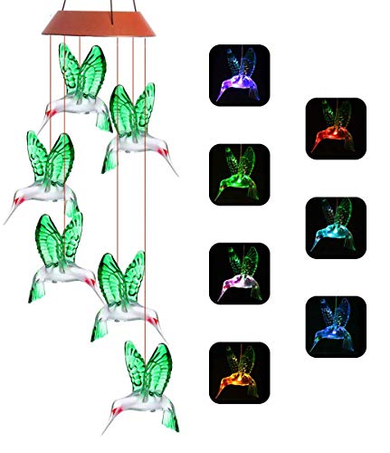Product Cover LED Solar Hummingbird Wind Chime,PATHONOR Changing Color Wind Chime with Waterproof Six Hummingbird Wind Chimes for Home Party Night Garden Decoration (Hummingbird)