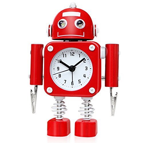 Product Cover Betus Non-Ticking Robot Alarm Clock Stainless Metal - Wake-up Clock with Flashing Eye Lights and Hand Clip (Ruby Red)