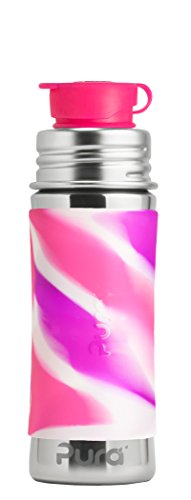 Product Cover Pura Sport 11 oz / 325 ml Stainless Steel Kids Sport Bottle with Silicone Sport Flip Cap & Sleeve, Pink Swirl (Plastic Free, NonToxic Certified, BPA Free)