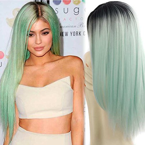 Product Cover AISI HAIR Synthetic Wigs Long Straight Ombre Cosplay Costume Wig Heat Resistant Fiber Mint Green Black Roots Full Wigs for Woman