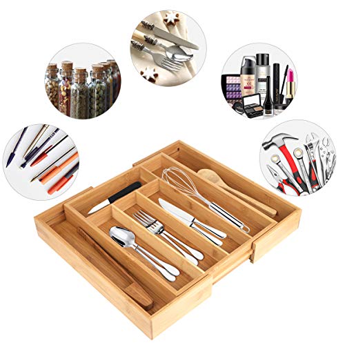 Product Cover Utensil Drawer Organizer, Cutlery Tray Desk Drawer Organizer Silverware Holder Kitchen Knives Tray Drawer Organizer, Bamboo Expandable Adjustable Cutlery