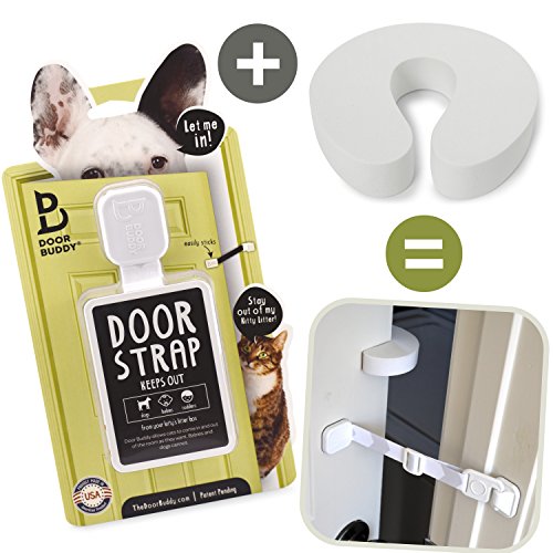 Product Cover Door Buddy Door Latch Plus Door Stopper. Keep Dog Out of Litter Box and Prevent Door from Closing. This Cat Gate and Cat Door Alternative Installs in Seconds and is Easy for Cats and Adults to Use.