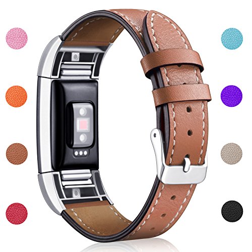 Product Cover Hotodeal Replacement Leather Band Compatible for Charge 2, Classic Genuine Leather Wristband Metal Connector Watch Bands, Fitness Strap Women Men Small Large (Brown- Silver Buckle)