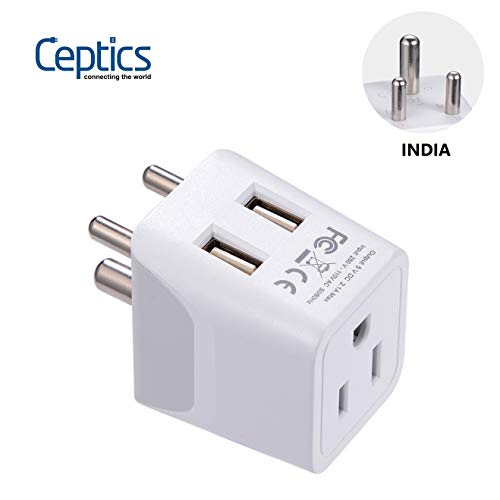 Product Cover Ceptics India, Nepal, Bangladesh Travel Adapter Plug with Dual USB - Type D - Usa Input - Ultra Compact - Safe Grounded Perfect for Cell Phones, Laptops, Camera (CTU-10)