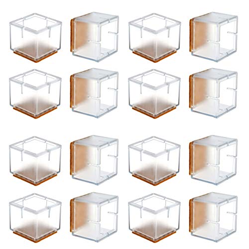 Product Cover Chair Leg Floor Protectors, WarmHut 16pcs Transparent Clear Silicone Table Furniture Leg Feet Tips Covers Caps, Felt Pads, Prevent Scratches, Wood Floor Protector (Square)