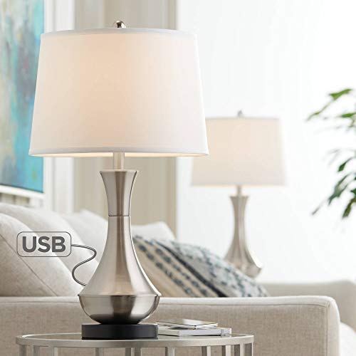 Product Cover Simon Modern Table Lamps Set of 2 with Hotel Style USB Charging Port Brushed Steel Empire Shade for Living Room Family Bedroom Bedside - 360 Lighting