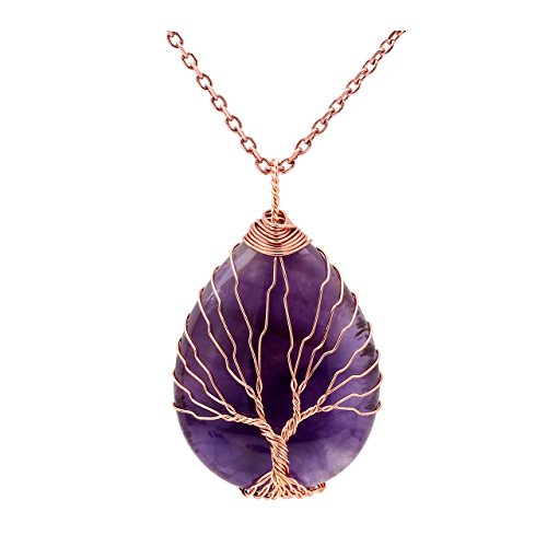 Product Cover Jovivi Vintage Natural Amethyst Crystal Necklace Wire Wrapped Copper Tree of Life Teardrop Gemstones Chakra Pendant Necklace for Women