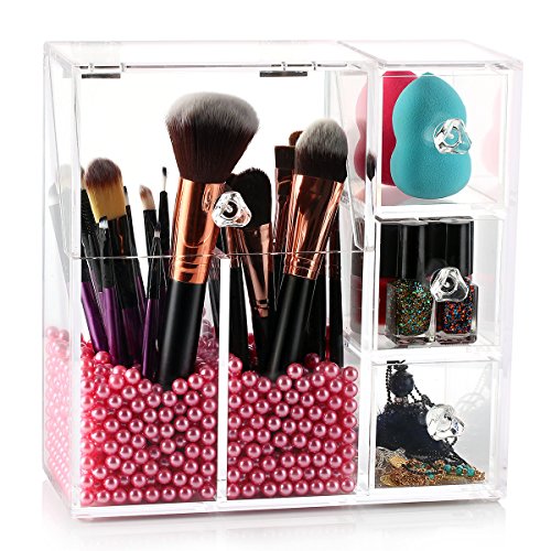 Product Cover HBlife Makeup Brush Holder, Acrylic Makeup Organizer with 2 Brush Holders and 3 Drawers Dustproof Box with Free Pink Pearl