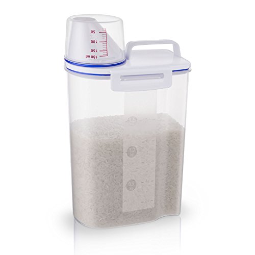 Product Cover Rice Storage Bin Cereal Containers Dispenser with BPA Free Plastic + Airtight Design + Measuring Cup + Pour Spout - 2KG Capacities of Rice Perfect for Rice Cooker