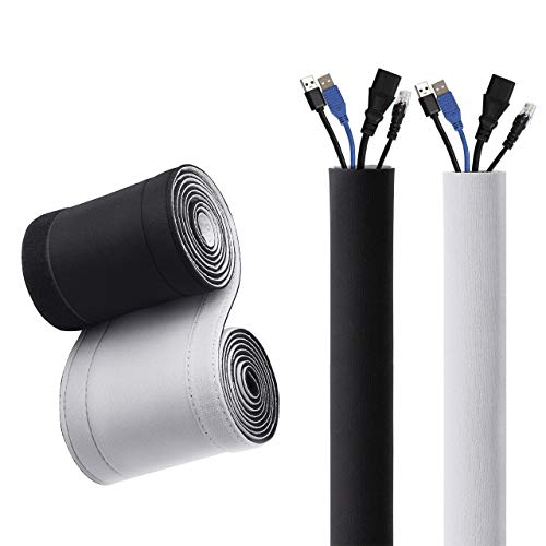 Product Cover Kootek 236'' (2 X 118'') Cable Management Sleeves, Neoprene Cable Organizer Wrap Flexible Cord Cover Wire Hider Reversible Black & White, Cuttable by Yourself for TV Computer Office Theater