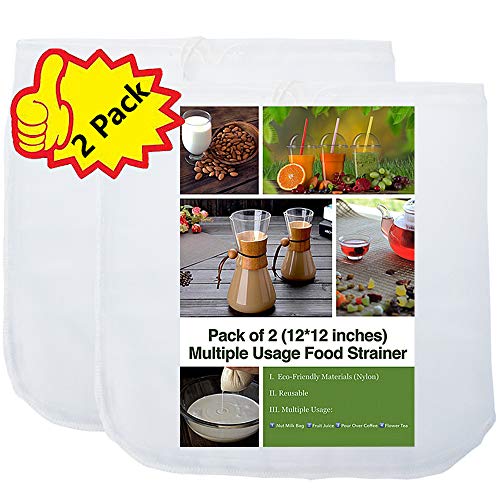 Product Cover 2 Pack - 80 Micron Nut Milk Bag - 12X12 Inches - Multiple Usage Reusable Food Strainer, Cold Brew Coffee Bag Cheesecloth, Food Grade Nylon Mesh, Filter For Almond/Soy Milk, Fruit Juice, Coffee and Tea
