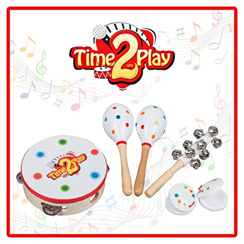 Product Cover Time2Play Wooden Musical Instruments for Toddlers, Children & Babies Includes 2 Maracas, 1 Tambourine, 2 Castanets, 1 Hand Bell Perfect Music Toys to Create a Wonderful Family Band