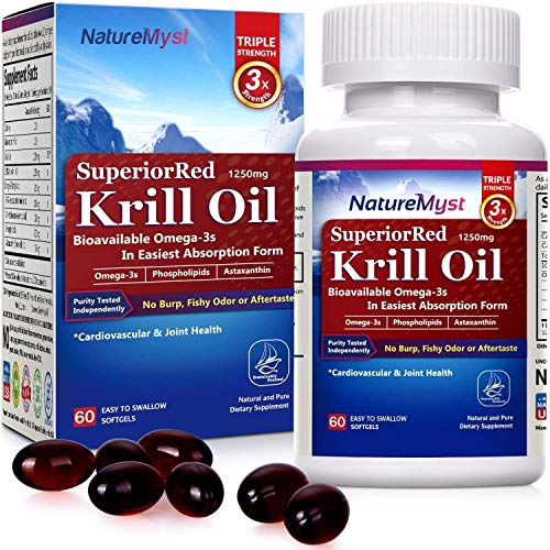 Product Cover NatureMyst Krill Oil, 1250mg, Professional Grade 60 Liquid Softgels (Cut One in Half to See The Clear Difference)