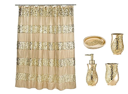 Product Cover Popular Bath 5 Piece Sinatra Champagne and Gold Shower Curtain and Resin Bath Accessory Set
