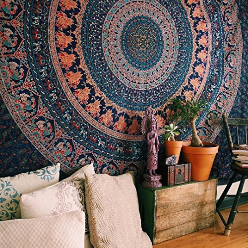 Product Cover Bless International Indian-Hippie-Gypsy Bohemian-Psychedelic Cotton-Mandala Wall-Hanging-Tapestry-Multi-Color Large-Mandala Hippie-Tapestry (Queen(84x90 Inches))