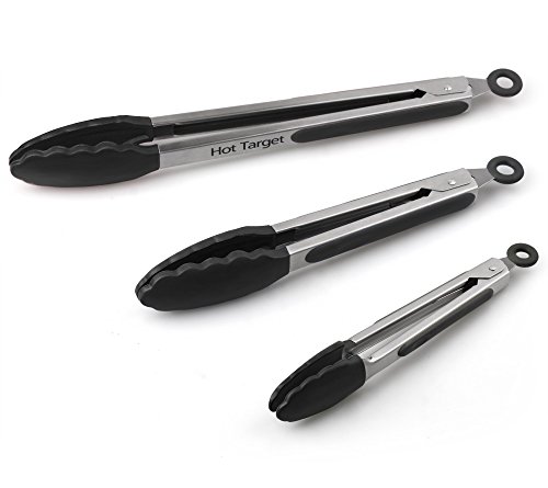 Product Cover Hot Target Set of 3-7, 9, 12 inches, Black Color, Heavy Duty, Non-Stick, Stainless Steel Silicone Bbq and Kitchen Tongs (Can Also Be Used as Bbq Turners), (Pack of 3, Black)