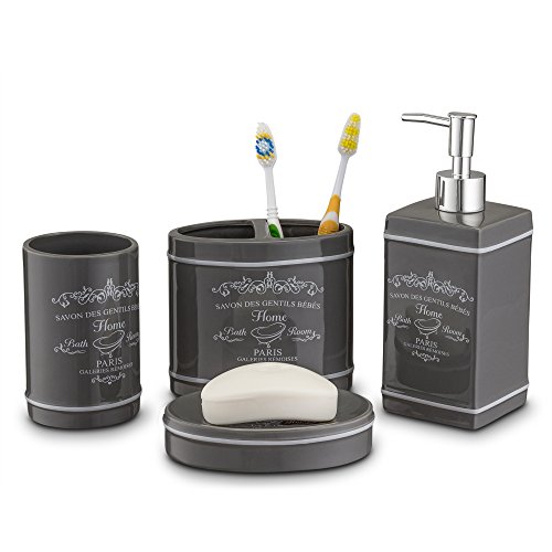 Product Cover Home Basics Paris Collection 4 Piece Bathroom Accessories Set, Bath Set Features Soap Dispenser, Toothbrush Holder, Tumbler, Soap Dish With Stylish Accent Decor To Complement Any Bathroom Gray/Slate