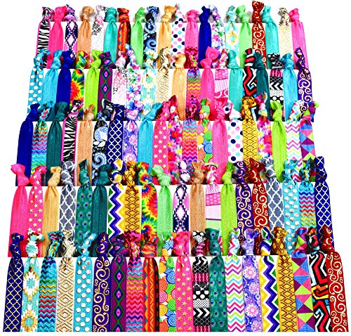 Product Cover Syleia 100 Hair Ties - Signature Collection Printed Patterns and Solid Colors - Elastic Ponytail Holders No Crease Hand Knotted Fold Over Assorted 100 Pack