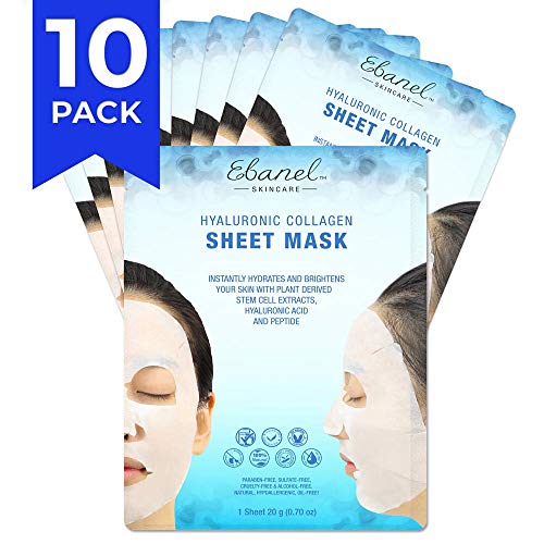 Product Cover Ebanel 10 Pack Korean Collagen Face Mask Sheet, Deep Moisturizing Instant Hydrating Hyaluronic Acid Facial Masks for Skin Brightening Anti-Aging Anti-Wrinkle with Stem Cell Extracts and Peptide