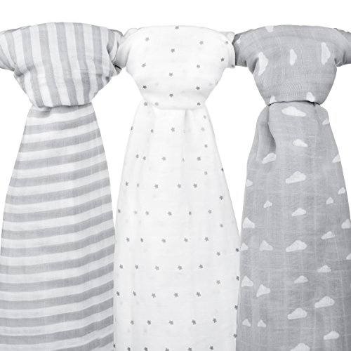 Product Cover Muslin Baby Swaddle Blankets, 47x47 (3 Pack) Grey Cloud, Stripe & Stars