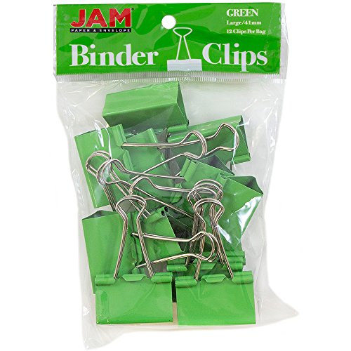 Product Cover JAM PAPER Colorful Binder Clips - Large - 1 1/2 Inch (41 mm) - Green Binderclips - 12/Pack
