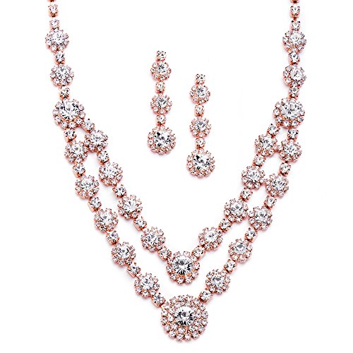 Product Cover Mariell Rose Gold 2-Row Rhinestone Crystal Necklace Earrings Set for Prom, Brides & Bridesmaids Jewelry