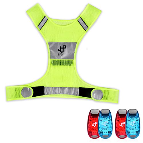 Product Cover LED Safety Light and Reflective Vest Sets (4-Pack with Clip and 4 BONUSES), The Perfect Running Light, suitable for Jogging, Cycling, Biking, Dog Walking, Strobe Light, Waterproof, By JQP Sports (S/M)