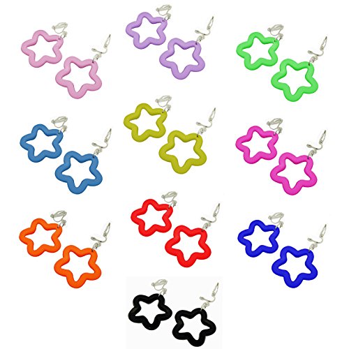 Product Cover Candy Colorful Stylish Star Outline Dangle Clip-on Earrings 10 Color Set, for Teen Girls, Womens
