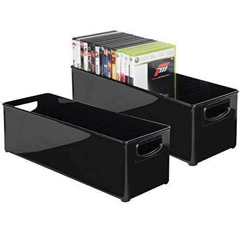Product Cover mDesign Plastic Stackable Household Storage Organizer Container Bin with Handles - for Media Consoles, Closets, Cabinets - Holds DVD's, Video Games, Gaming Accessories, Head Sets - 2 Pack - Black