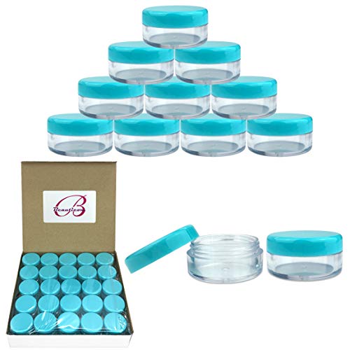 Product Cover (Quantity: 50 Pieces) Beauticom 5G/5ML Round Clear Jars with TEAL Sky Blue Lids for Scrubs, Oils, Toner, Salves, Creams, Lotions, Makeup Samples, Lip Balms - BPA Free