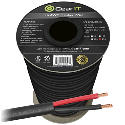 Product Cover 16 AWG CL3 OFC Outdoor Speaker Wire, GearIT Pro Series 16 Gauge (250 Feet / 76.2 Meters/Black) Oxygen Free Copper UL CL3 Rated for Outdoor Direct Burial and in-Wall Installation Speaker Cable