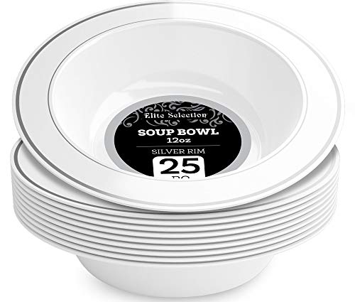 Product Cover Elite Selection Soup Plates - 25 Party Plastic Disposable Bowls - 12 oz. White Party Plates with Silver Rim - Soup Plastic Bowls - Party and Restaurant Accessories