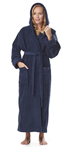 Product Cover Arus Women's GOTS Certified Organic Cotton Hooded Full Length Turkish Bathrobe, Marine, M