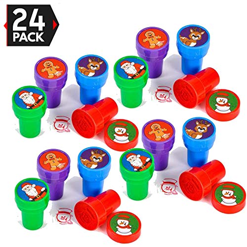 Product Cover 24 Christmas Assorted Bright Colored Plastic Stamps - Self Ink Christmas Stampers - Fun Gift, Party Favors, Party Toys, Goody Bag Favors