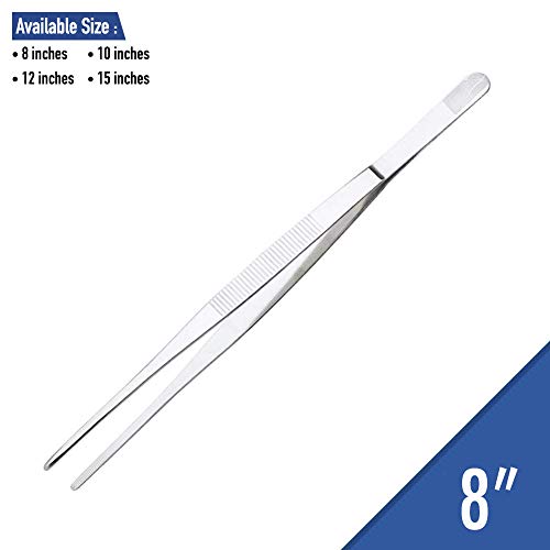 Product Cover Heavy Duty 8 inches Stainless Steel Tweezers Straight Tip, All-purpose Forceps Tweezers Tongs with Comfortable Ridged Handle for Crafting Cooking Repairing General Purpose Medical and Beauty