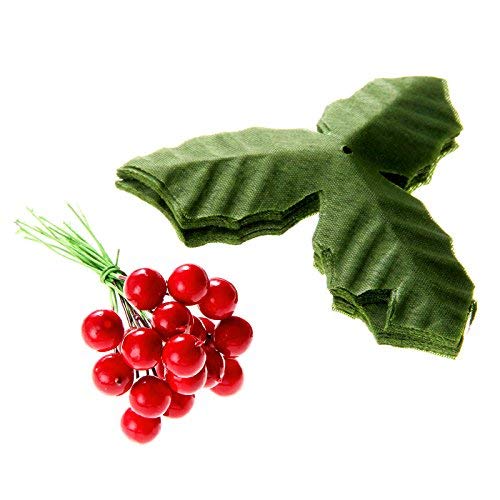 Product Cover DIY Home Decor 50Pcs Dark Red Artificial Holly Berries + 50Pcs Green Artifical Leaves