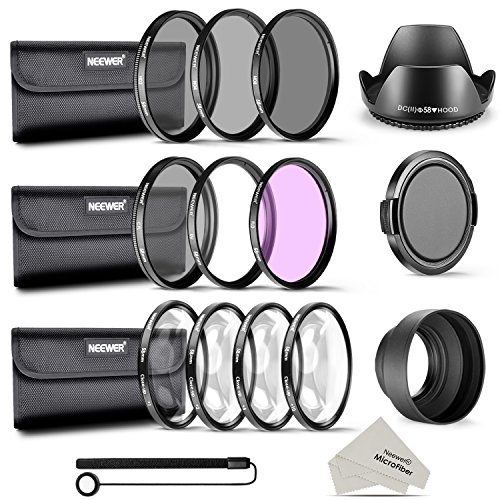 Product Cover Neewer 58MM Complete Lens Filter and Accessory Kit: 58MM Filters(UV/CPL/FLD), Close-up Filters(+1/+2/+4/+10), ND Filters(ND2/ND4/ND8), Lens Hoods, Lens Cap, Cap Keeper Leash, Filter Pouches, Cloth