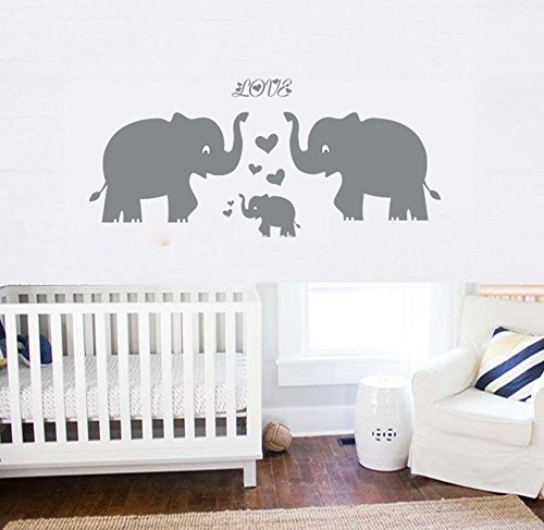 Product Cover Elephant Wall Decal Family Wall Decal With Hearts and Butterfly Wall Decals Baby Nursery Decor Kids Room Wall Stickers, Grey
