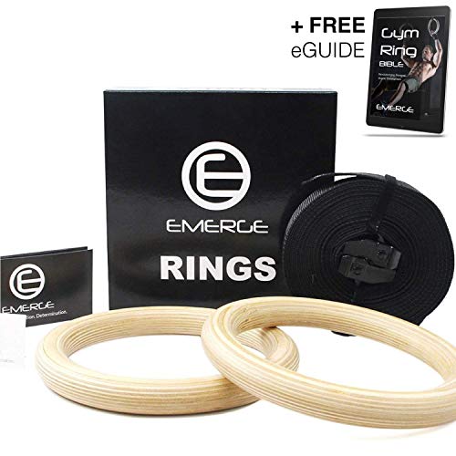 Product Cover Emerge Wooden Olympic Gymnastics Rings Bodyweight Home Gym Training Set with Adjustable Straps for Core Strength Exercises - Intense Physical Training Equipment - A+ Fitness Gear for A+ Athletes