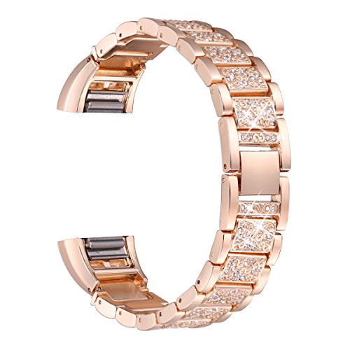 Product Cover bayite Bling Bands Compatible Fitbit Charge 2, Replacement Metal Bands with Rhinestone Bracelet, Rose Gold