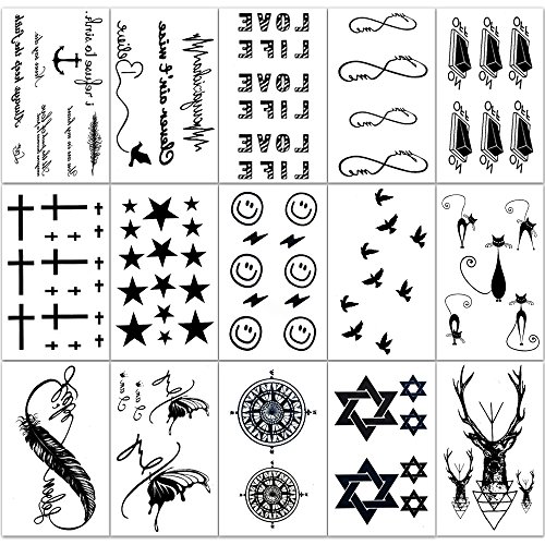 Product Cover Hakuna 15 Sheets Temporary Tattoos, Small Size Body Art Stickers, Most Popular Fake Tattoo Designs as Cross/ Star/ Letters / Butterfly/ Compass/ Bird/ Cat/ Feather etc.