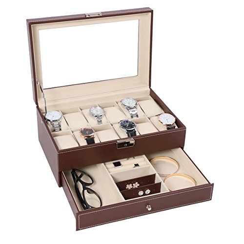 Product Cover BASTUO Watch Box 12 Jewelry Display Organizer Watch Storage Case with Key&Lock, Brown PU Leather with Glass Top