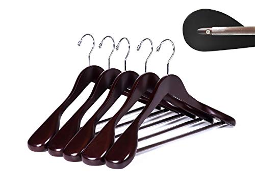 Product Cover Amber Home Deluxe Curved Solid Wood Coat Hanger, Suit Hanger, Jacket Hanger with Sturdy Non-Slip Bar, Smooth Finish, Wide Shoulder,5 Pack (Walnut Color)