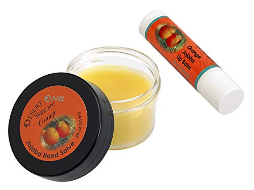 Product Cover Jojoba Oil Travel Size Orange Hand Salve and Lip Balm, all natural, cold pressed and undeoderized jojoba oil and mildly scented with Orange, Salve (0.5 oz/14 gm) Lip balm (0.15 oz/4.6 gm) 2 units